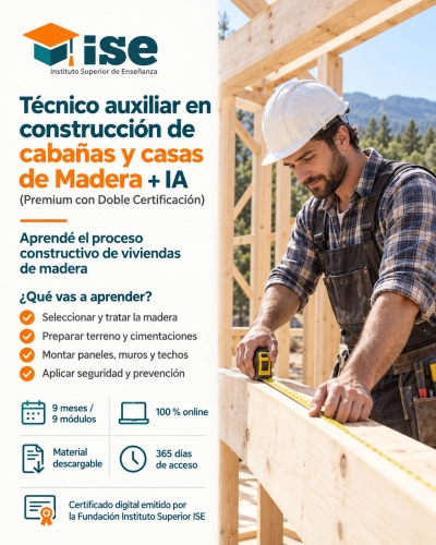 Técnico auxiliar en construcción de cabañas y casas de Madera + IA (Premium con Doble Certificación)