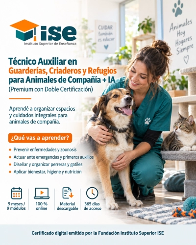 Técnico Auxiliar en Guarderías, Criaderos y Refugios para Animales de Compañía + IA (Premium con Doble Certificación)