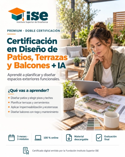 Certificación en Diseño de Patios, Terrazas y Balcones + IA (Premium con Doble Certificación)
