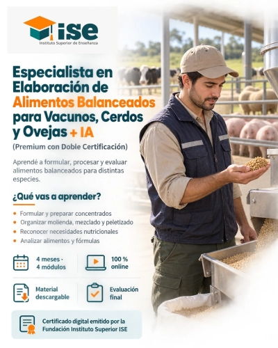 Especialista en Elaboración de Alimentos Balanceados para Vacunos, Cerdos y Ovejas + IA (Premium con Doble Certificación)
