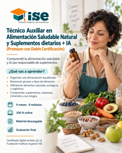 Técnico Auxiliar en Alimentación Saludable Natural y Suplementos dietarios + IA (Premium con Doble Certificación)