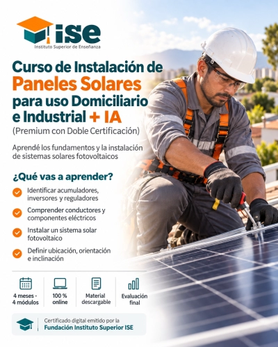 Curso de Instalación de Paneles Solares para uso Domiciliario e Industrial + IA (Premium con Doble Certificación)