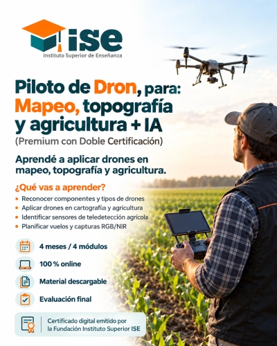 Piloto de Dron, para: Mapeo, topografía y agricultura + IA (Premium con Doble Certificación)