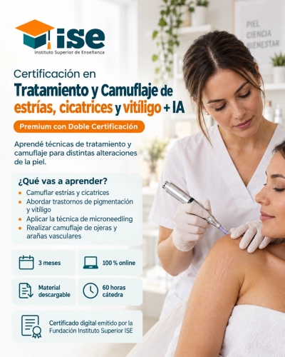 Certificación en Tratamiento y Camuflaje de estrías, cicatrices y vitíligo + IA (Premium con Doble Certificación)