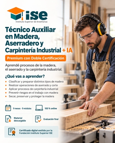 Técnico Auxiliar en Madera, Aserradero y Carpintería Industrial + IA (Premium con Doble Certificación)