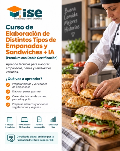 Curso de Elaboración de Distintos Tipos de Empanadas y Sandwiches + IA (Premium con Doble Certificación)