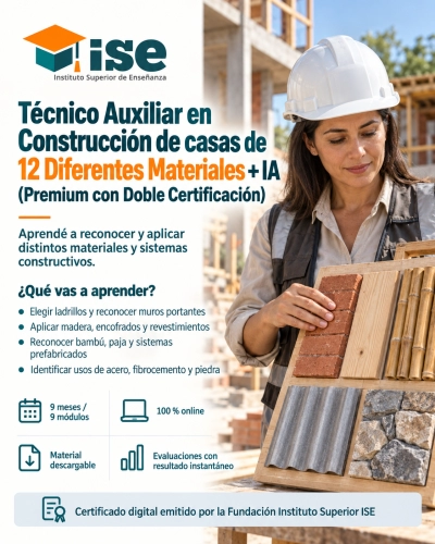 Técnico Auxiliar en Construcción de casas de 12 Diferentes Materiales + IA (Premium con Doble Certificación)
