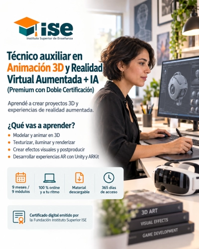Técnico auxiliar en Animación 3D y Realidad Virtual Aumentada + IA (Premium con Doble Certificación)