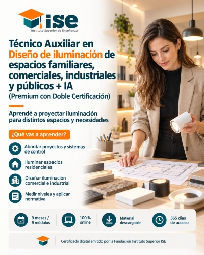 Técnico Auxiliar en Diseño de iluminación de espacios familiares, comerciales, industriales y públicos + IA (Premium con Doble Certificación)
