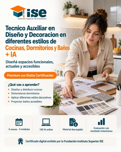 Tecnico Auxiliar en Diseño y Decoracion en diferentes estilos de Cocinas, Dormitorios y Baños + IA (Premium con Doble Certificación)