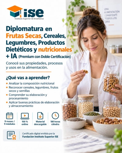 Diplomatura en Frutas Secas, Cereales, Legumbres, Productos Dietéticos y Nutricionales + IA (Premium con Doble Certificación)